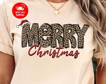 Merry Christmas Leopard T-Shirt, Cute Christmas Crewneck, Retro Merry Christmas T-Shirt, Leopard Printed Christmas Shirt, Christmas Gifts
