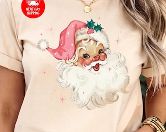 Pink Santa Retro Christmas T-Shirt, Vintage Holiday Crewneck