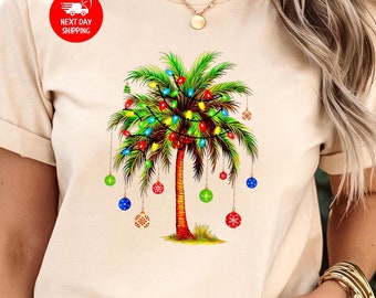 Christmas Palm Tree T-shirt, Tropical Xmas Gift, Florida Christmas Tee, Beach Christmas Shirt, Santa July Hawaiian T-shirt, Xmas Shirt