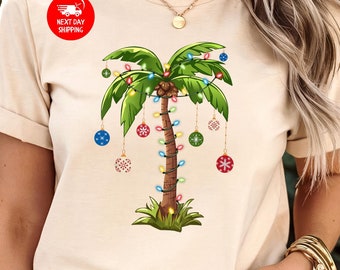 Christmas Palm Tree T-shirt, Tropical Xmas Tee, Florida Christmas Gift, Beach Christmas Shirt, Santa July Hawaiian T-shirt, Xmas Tree