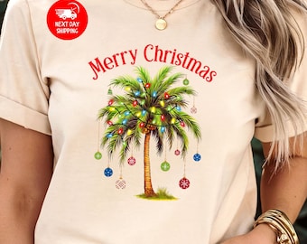 Christmas Palm Tree T-shirt, Tropical Xmas Gift, Florida Christmas Tee, Beach Christmas Shirt, Santa July Hawaiian T-shirt, Xmas Tree Shirt