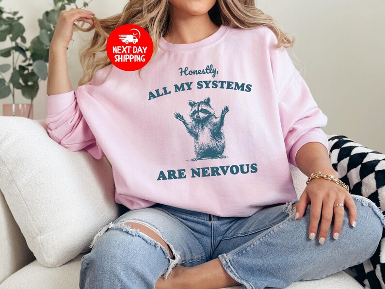 Puede incluir: Una sudadera rosa con el texto "Honestamente, todos mis sistemas est&aacute;n nerviosos" y una ilustraci&oacute;n de mapache de dibujos animados.