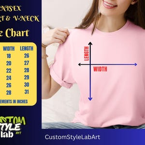 Puede incluir: Tabla de tallas para camiseta y cuello en V unisex con medidas en pulgadas. La tabla muestra el ancho y la longitud de la camiseta en pulgadas para las tallas S, M, L, XL, 2XL y 3XL.
