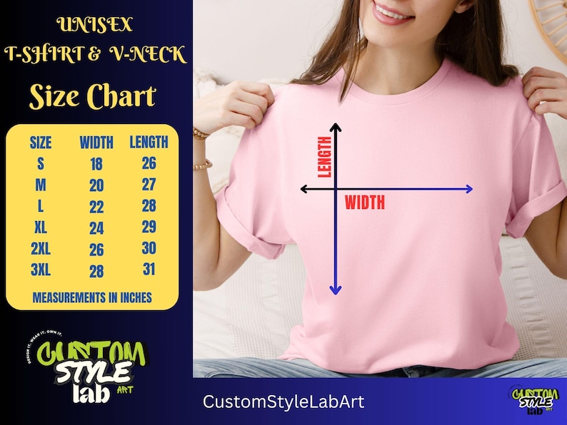 Puede incluir: Tabla de tallas para camiseta y cuello en V unisex con medidas en pulgadas. La tabla muestra el ancho y la longitud de la camiseta en pulgadas para las tallas S, M, L, XL, 2XL y 3XL.