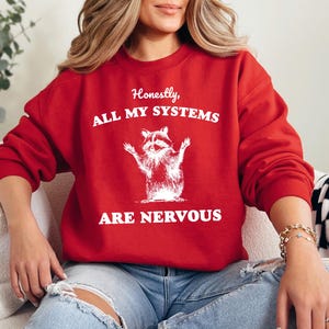 Sudadera con la frase "Honestamente, todos mis sistemas están nerviosos", camiseta de mapache, camiseta con gráfico divertido, camiseta con frase divertida, regalos divertidos, camiseta de mapache linda, regalo imagen 5