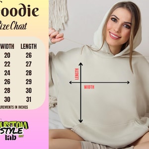Puede incluir: Tabla de tallas de sudadera con capucha con medidas en pulgadas. La tabla muestra el ancho y la longitud de la sudadera con capucha en pulgadas para las tallas S, M, L, XL, 2XL y 3XL.