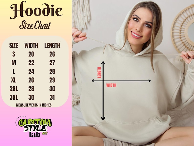 Puede incluir: Tabla de tallas de sudadera con capucha con medidas en pulgadas. La tabla muestra el ancho y la longitud de la sudadera con capucha en pulgadas para las tallas S, M, L, XL, 2XL y 3XL.