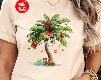 Tropical Christmas Palm Tree T-shirt, Florida Xmas Tee, Beach Christmas Shirt, Santa July Hawaiian T-shirt, Xmas Tree Holiday Gift