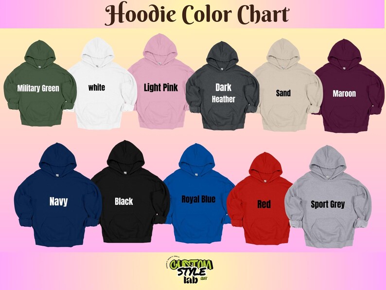 Puede incluir: Carta de colores para sudaderas con capucha, que muestra 12 colores diferentes. Los colores son: Verde militar, Blanco, Rosa claro, Gris oscuro jaspeado, Arena, Marr&oacute;n, Azul marino, Negro, Azul real, Rojo, Gris deportivo. La carta est&aacute; titulada "Hoodie Color Chart".