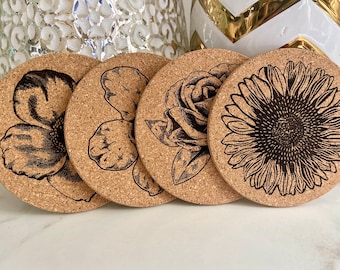 Dessous de verre en liège sur le thème des fleurs - Fleurs botaniques - Lot de 4