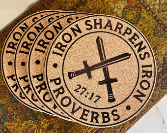 Iron Sharpens Iron - Set of 4 Cork Coasters - Christian Proverbs 27:17