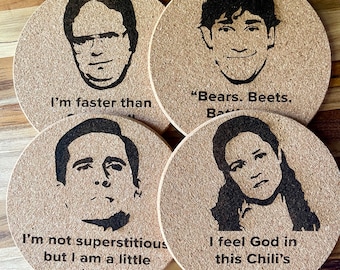 Cork Coasters The Office Themed - Dwight, Michael Pam Jim - Set of 4 - Quotes