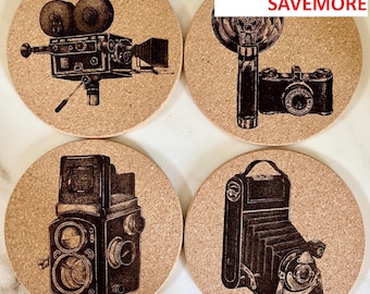 Sous-verres en liège sur le thème de l'appareil photo, appareils photo vintage, photographie, lot de 4