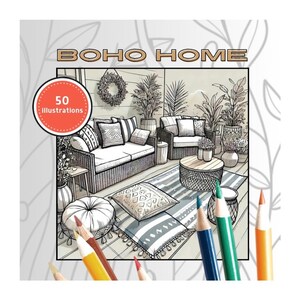 May include: A black and white illustration of a bohemian home interior with a sofa, chairs, cushions, and plants. The illustration is surrounded by coloured pencils.
