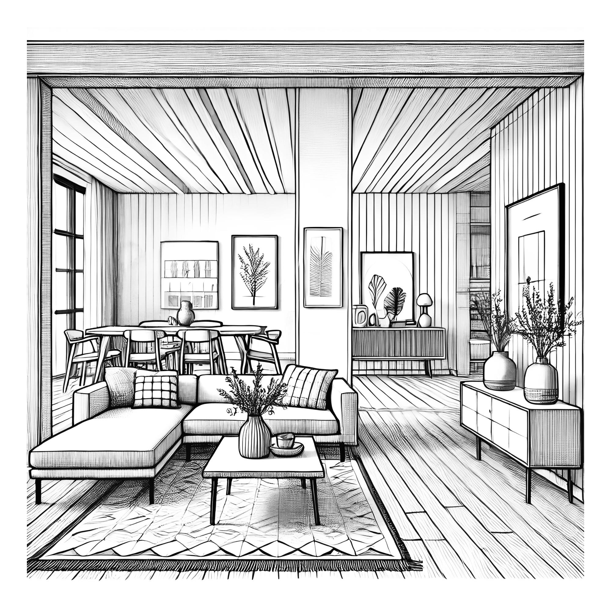 Mid-century Farmhouse Coloring Pages: Architecture & Interior Designs ...