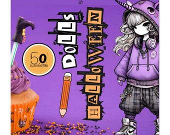 ハロウィン人形ぬり絵50枚：コスチューム（デジタルダウンロード）