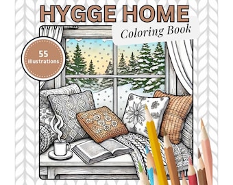 Puede incluir: Una portada de libro para colorear que presenta una acogedora escena de sala de estar con una ventana que da a un paisaje nevado. El título "HYGGE HOME Coloring Book" se muestra en una fuente marrón. El libro incluye 55 ilustraciones.