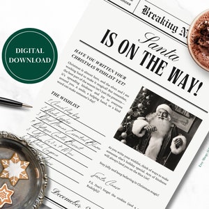 Lista de deseos de Santa Navidad para regalos de Navidad Recordatorio Periódico Vintage Retro Clásico Amor Digital Editable Santa Cláusula Mensaje 7x5