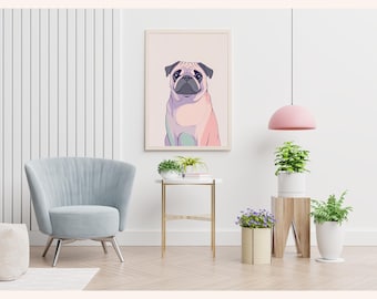 May include: A framed art print featuring a stylized illustration of a pug dog. The artwork has a soft color palette with pink, purple, and blue hues. The pug is centered in the frame, with a neutral background. The print is displayed in a modern living room setting.
