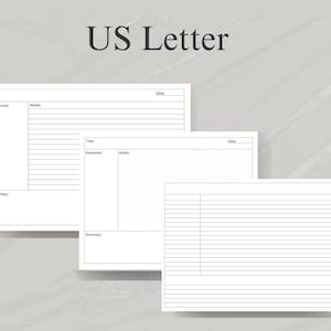 May include: Three printable US Letter sized planner pages. The first page has sections for title, keywords, notes, and a summary. The second page has sections for title, keywords, notes, and a summary. The third page has a lined section.