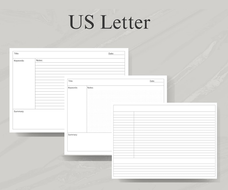 May include: Three printable US Letter sized planner pages. The first page has sections for title, keywords, notes, and a summary. The second page has sections for title, keywords, notes, and a summary. The third page has a lined section.