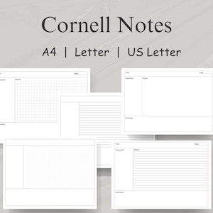 May include: Three blank Cornell note templates in A4, Letter, and US Letter sizes. Each template has sections for title, date, keywords, notes, and summary.