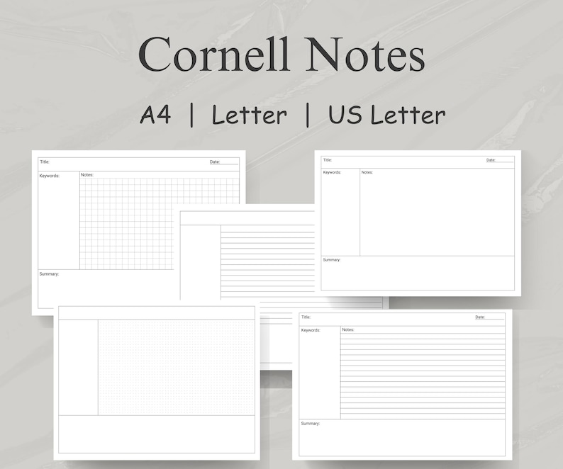 May include: Three blank Cornell note templates in A4, Letter, and US Letter sizes. Each template has sections for title, date, keywords, notes, and summary.