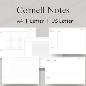 May include: Three printable Cornell note templates in A4, Letter, and US Letter sizes. Each template includes sections for title, date, keywords, notes, and summary.