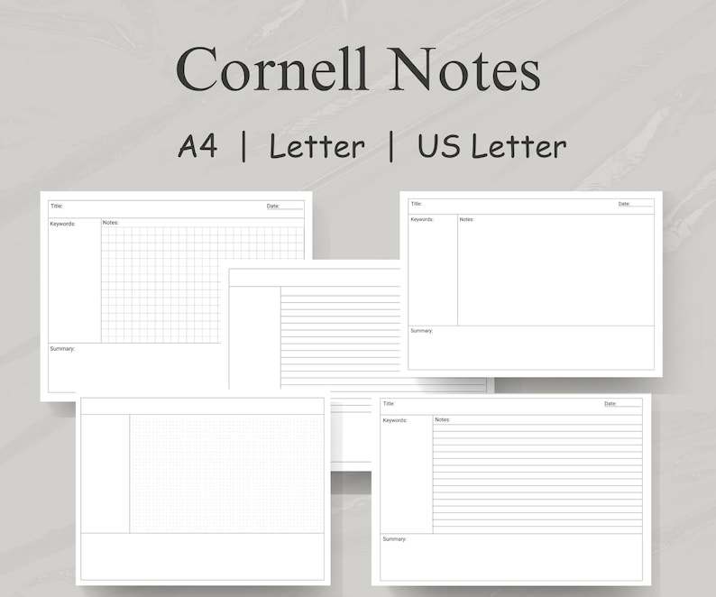 May include: Three printable Cornell note templates in A4, Letter, and US Letter sizes. Each template includes sections for title, date, keywords, notes, and summary.