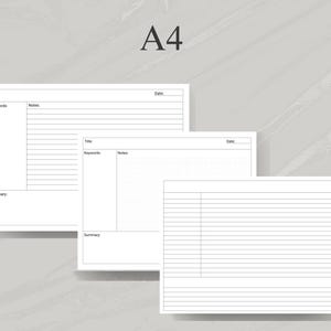 May include: Three printable A4 planner pages with different layouts. The first page has a title, keywords, notes, and summary section. The second page has a title, keywords, notes, and summary section with a grid pattern. The third page has a lined layout.