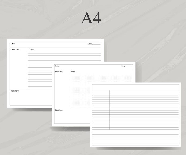 May include: Three printable A4 planner pages with different layouts. The first page has a title, keywords, notes, and summary section. The second page has a title, keywords, notes, and summary section with a grid pattern. The third page has a lined layout.