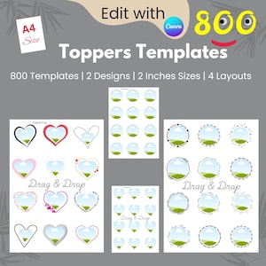 Op de afbeelding: Een set van 800 printbare cupcake-toppers in vier verschillende lay-outs. De toppers hebben twee ontwerpen: harten en cirkels. De ontwerpen omvatten een verscheidenheid aan kleuren en patronen, waaronder rood, roze, zwart, wit en groen. De tekst "Drag & Drop" staat op elke pagina.