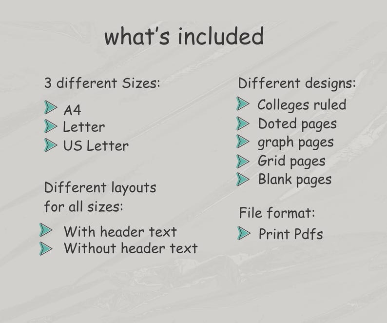 May include: A list of features included in a printable notebook template. The template is available in three sizes: A4, Letter, and US Letter. The notebook can be customized with different designs, including college ruled, dotted, graph, grid, and blank pages. The template can be printed with or without a header text. The file format is Print Pdfs.
