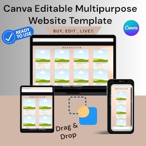 May include: A laptop, tablet, and smartphone display a website template with the word "BRACELETS" at the top. The text "Canva Editable Multipurpose Website Template" is at the top. The words "READY TO USE" are in a blue circle. The words "BUY, EDIT, LIVE!!" are also visible.