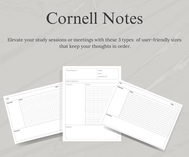 May include: Three different sizes of Cornell note-taking templates. Each template has a section for keywords, notes, and a summary. The templates are printed on white paper.