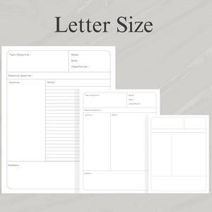 May include: Printable letter-sized note-taking template with sections for topic/objective, essential question, questions, notes, and summary. The template is designed for classroom use.