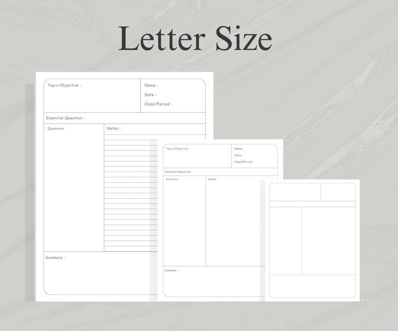 May include: Printable letter-sized note-taking template with sections for topic/objective, essential question, questions, notes, and summary. The template is designed for classroom use.