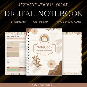 May include: Digital notebook in aesthetic neutral colors. The cover features a rainbow and floral design. The notebook includes 12 subjects, 100 pages, and is fully hyperlinked. The notebook has a daily planner and to-do list.
