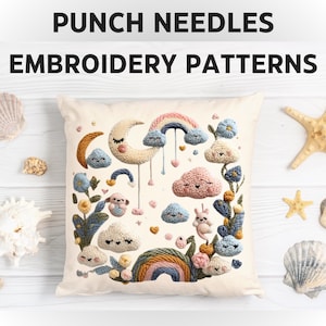 May include: A white pillow with a punch needle embroidery design featuring a moon, clouds, rainbows, and flowers. The embroidery is done in shades of pink, blue, yellow, and green.
