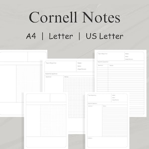 May include: Four printable Cornell note templates in black and white. The templates are designed for A4, Letter, and US Letter sizes. Each template includes sections for topic/objective, essential questions, notes, and summary.