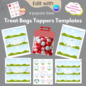 Può includere: Topper per sacchetti di dolcetti stampabili con cielo blu, erba verde e nuvole bianche. I topper presentano un motivo a cuori rossi e un design a taglio per un facile assemblaggio. Il testo "Linea di taglio" e "Linea di piegatura" è incluso nel modello. L'immagine include anche un modello bonus per i topper per cupcake.