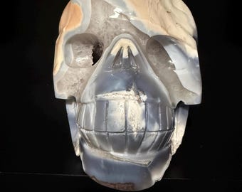 Massive Orca Agate & Quartz Skull | 17.9 lb Crystal Skull with Amethyst Druzy Cave | Hand Carved Statement Piece | Altar Decor