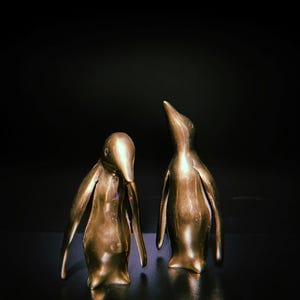 Vintage Solid Brass Penguin Figurines - Mid Century Modern Animal Decor - Pair of Brass Penguins Made in Korea