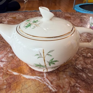 Vintage Kent China Bali Hai Teapot with Lid, Mid-Century Modern Bamboo Design, Hand-Painted Japanese Porcelain with Gold Trim, MCM Kitchen