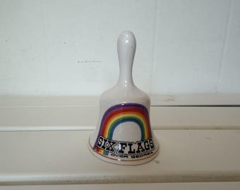 Vintage Six Flags Over Georgia Rainbow Ceramic Souvenir Bell 1980s Theme Park Hand Bell Made in Korea