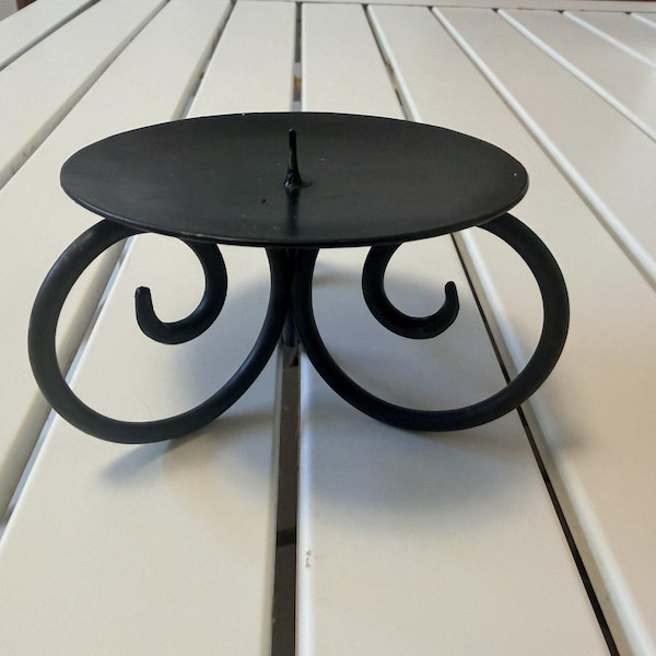 Wrought Iron Pillar Candle Holder, Black Metal Pricket Candle Stand with Scroll Feet, Rustic Gothic Farmhouse Table Decor, Heavy Iron