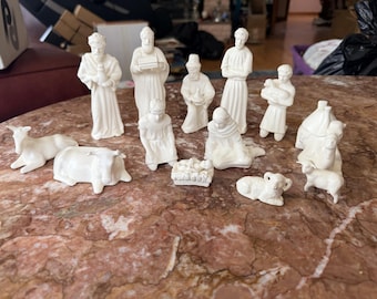 Vintage White Ceramic Nativity Set 13 Piece Hand Poured Glazed Christmas Creche Holy Family Wise Men Manger Nativity Scene