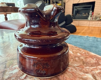 Antique Locke Hi-Top 77 Ceramic Insulator, Chocolate Brown Glaze, Made in USA