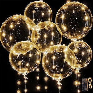 May include: A set of clear plastic balloons with warm white LED lights inside. The balloons are inflated and strung together with the lights. The lights are battery operated and have a timer function.