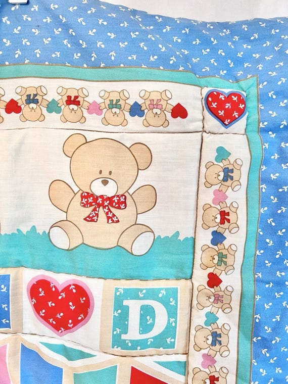 Vintage 80s 90s Baby Blanket Quilt Teddy Bear Abcs Alphabet Hearts